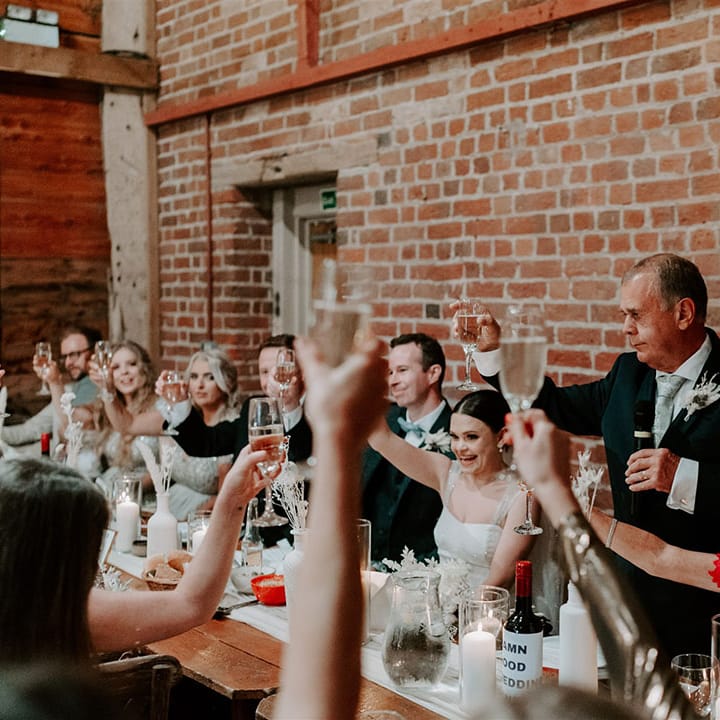 Father of the bride makes a toast and everyone raises their glasses for the bride and groom 