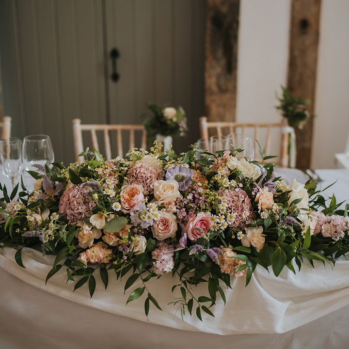 Pastel wedding flowers with roses and hydrangeas decorating the top table 