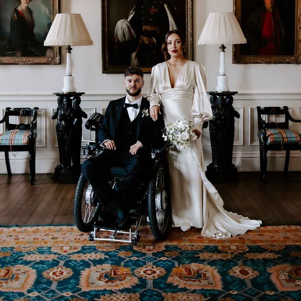 black tie wedding at groom in a wheelchair and pregnant bride at Capesthorne Hall wedding venue 