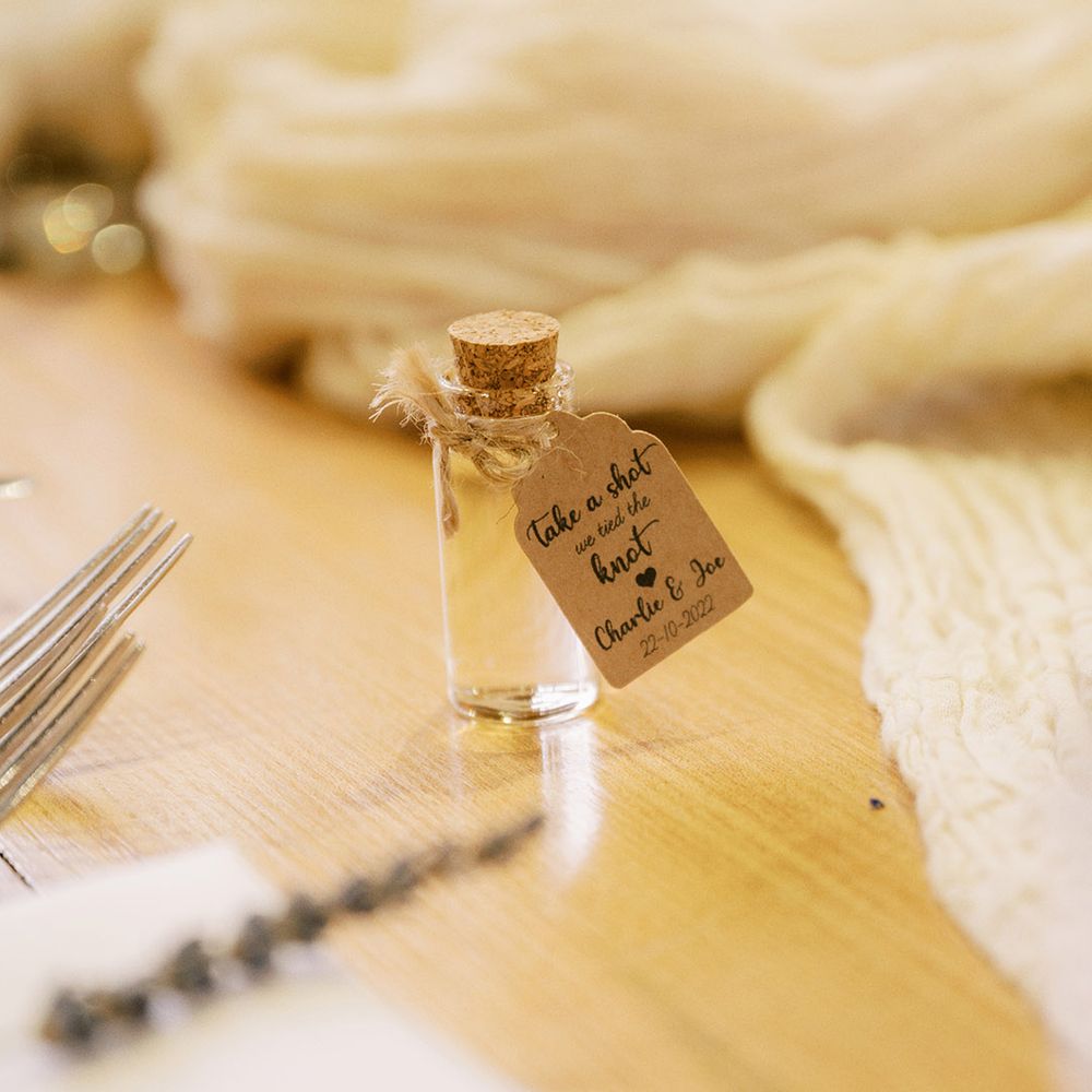 Tequila shot alcoholic wedding favour idea with personalised tag 