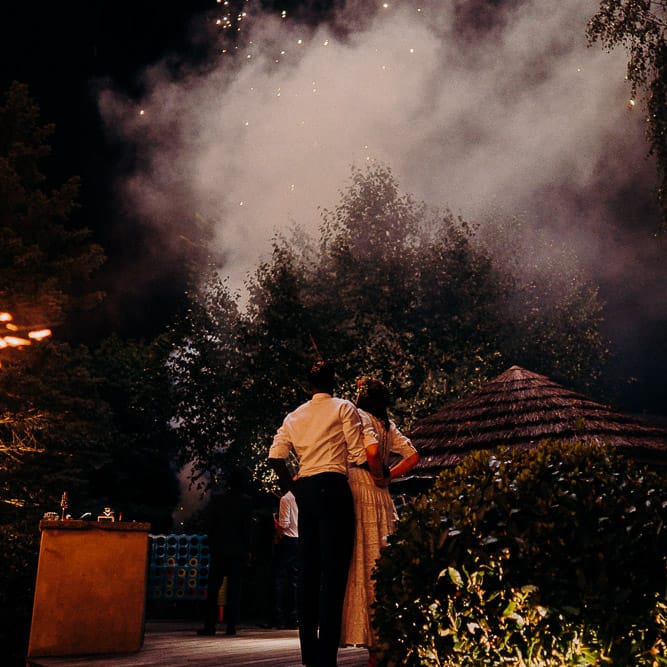 Fireworks display at an at home garden party wedding 