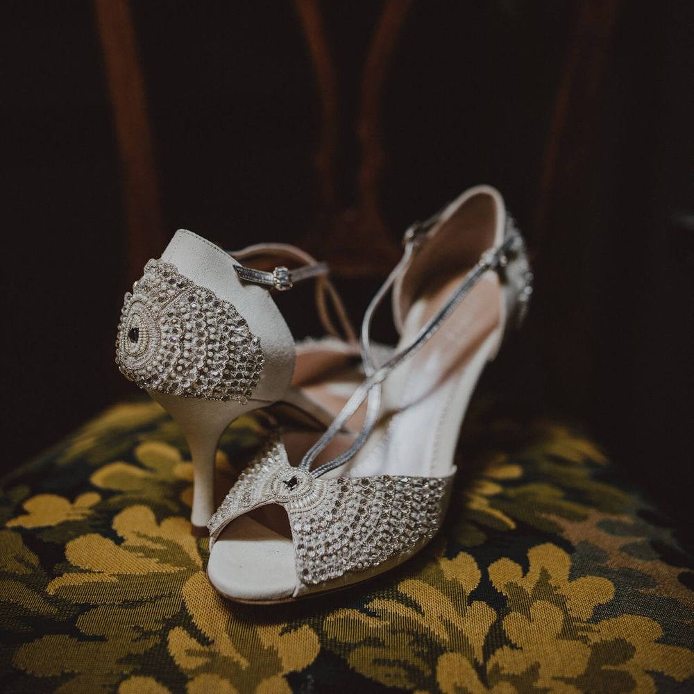 Emmy London bridal shoes with pearls and silver beading