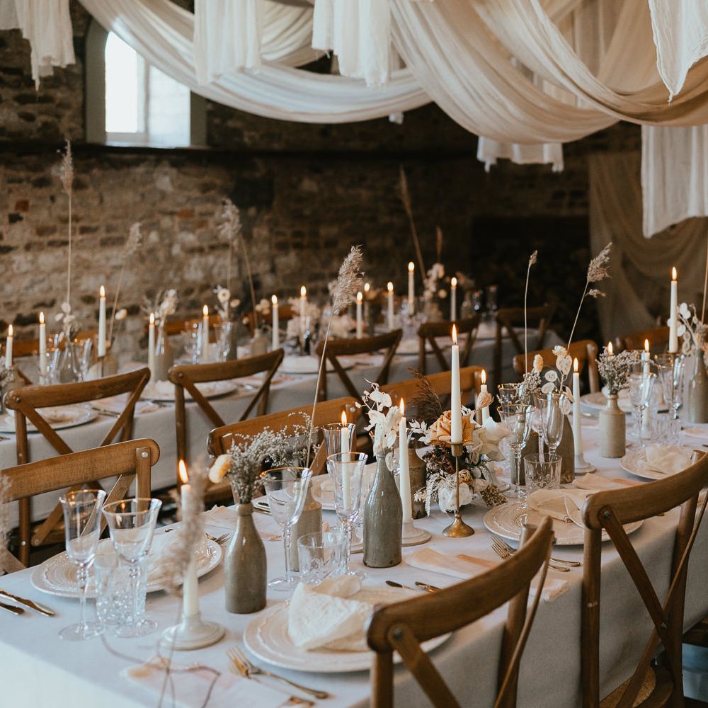 ink wells, vases, dried flowers and table candles for modern luxury wedding centrepiece decor 