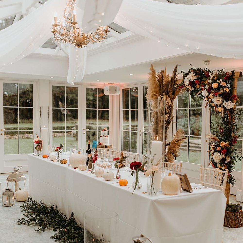 dried flower and pumpkin wedding decor at Hayne House wedding venue 
