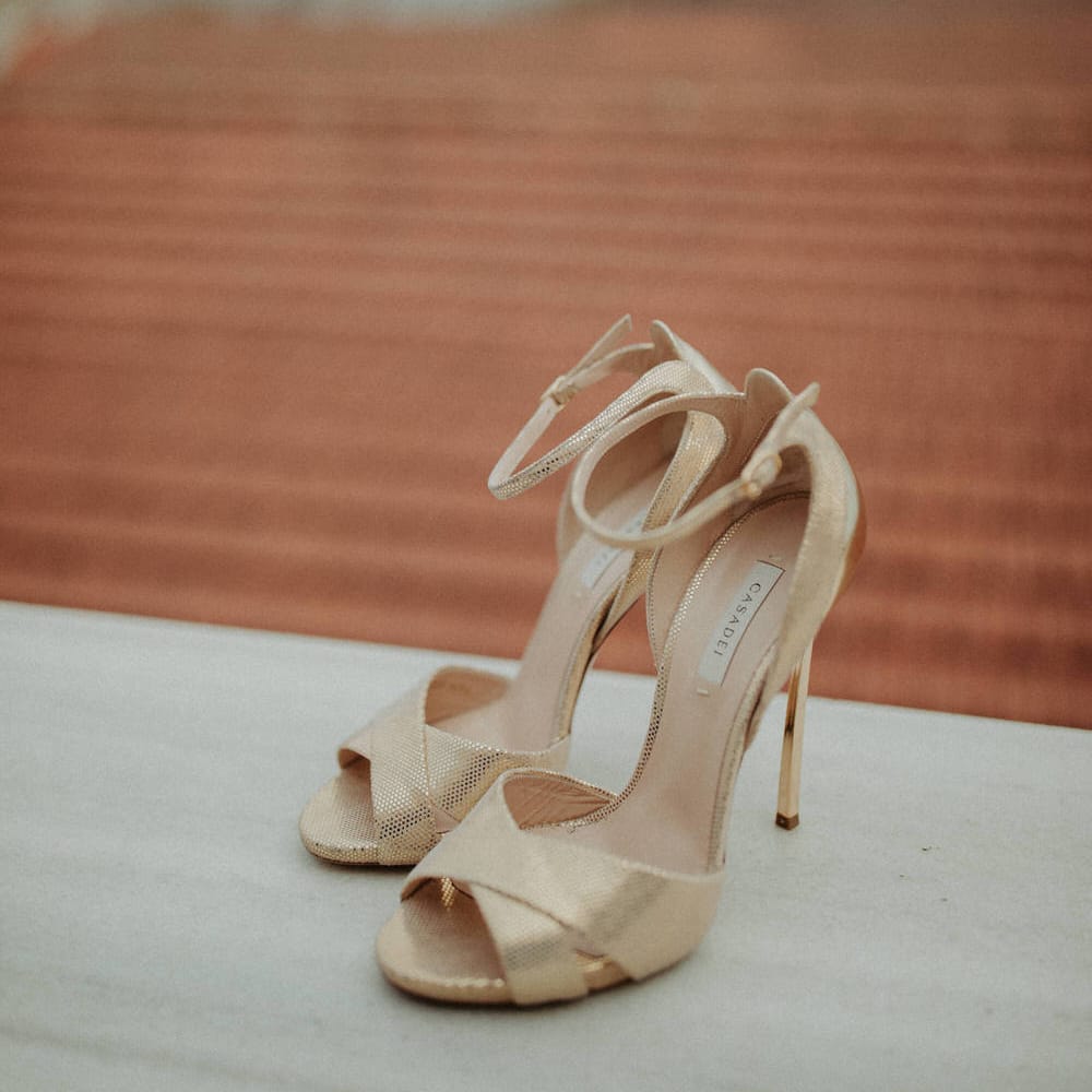 Gold strappy heeled wedding shoes from Cadadei