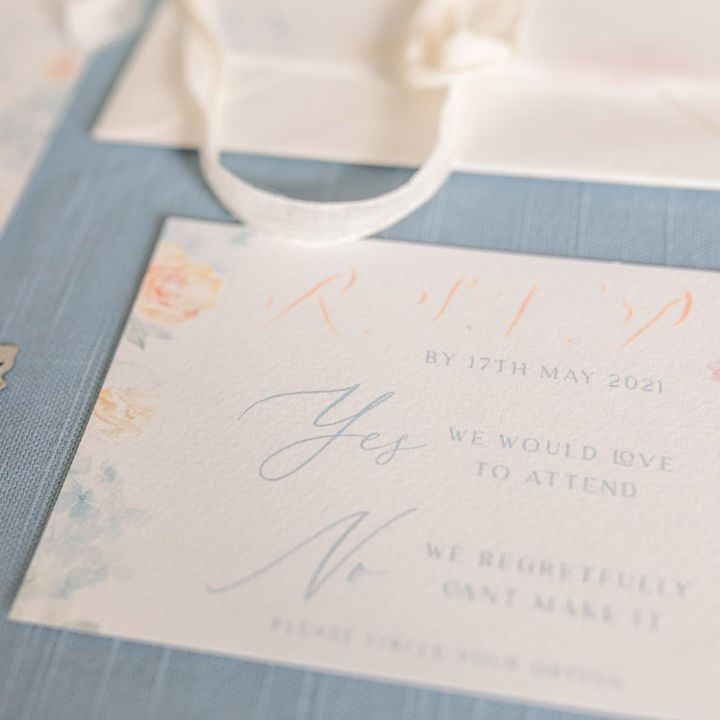 Pastel pink and peach RSVP card with floral motif 