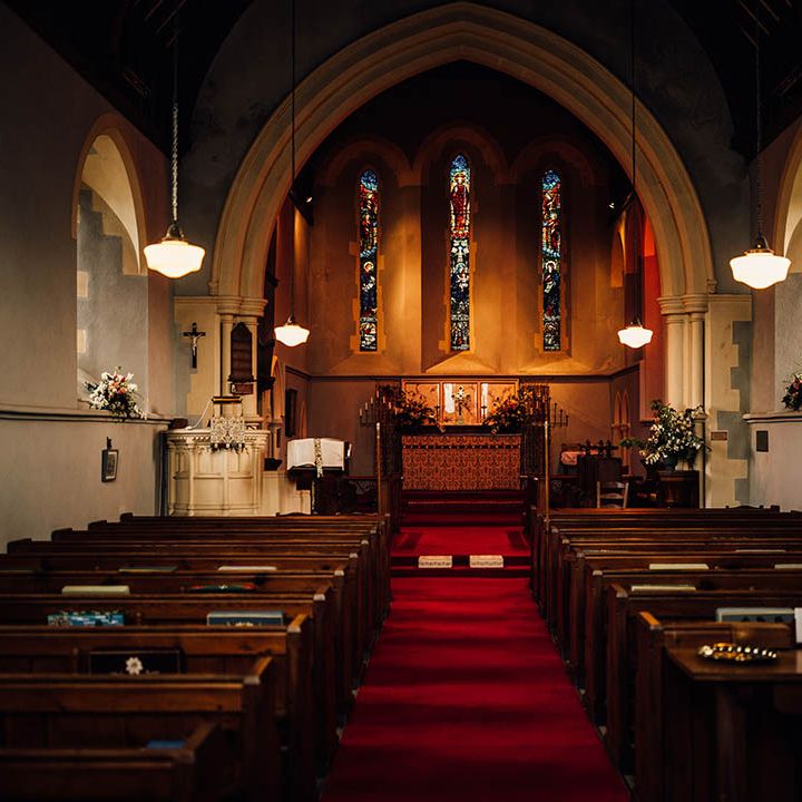 Church wedding venue with stained glass windows 