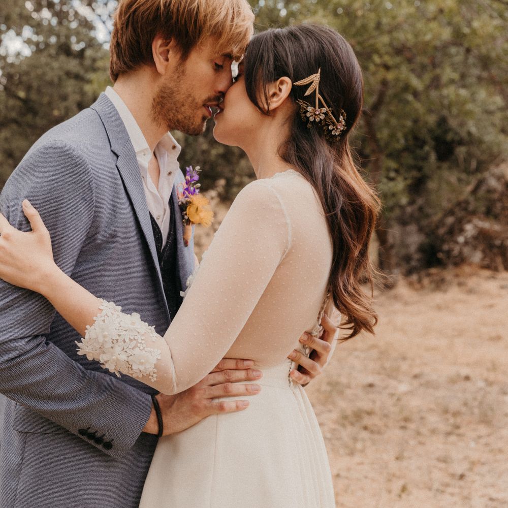 Bride & groom embrace during Spanish elopement
