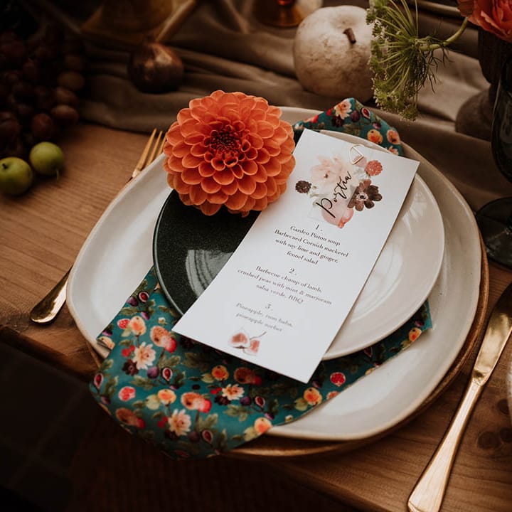 Hand painted silk wedding napkin, burnt orange dahlia pinnata, wedding menu with botanical watercolour painting, dried flowers and seasonal fruit and veg decor