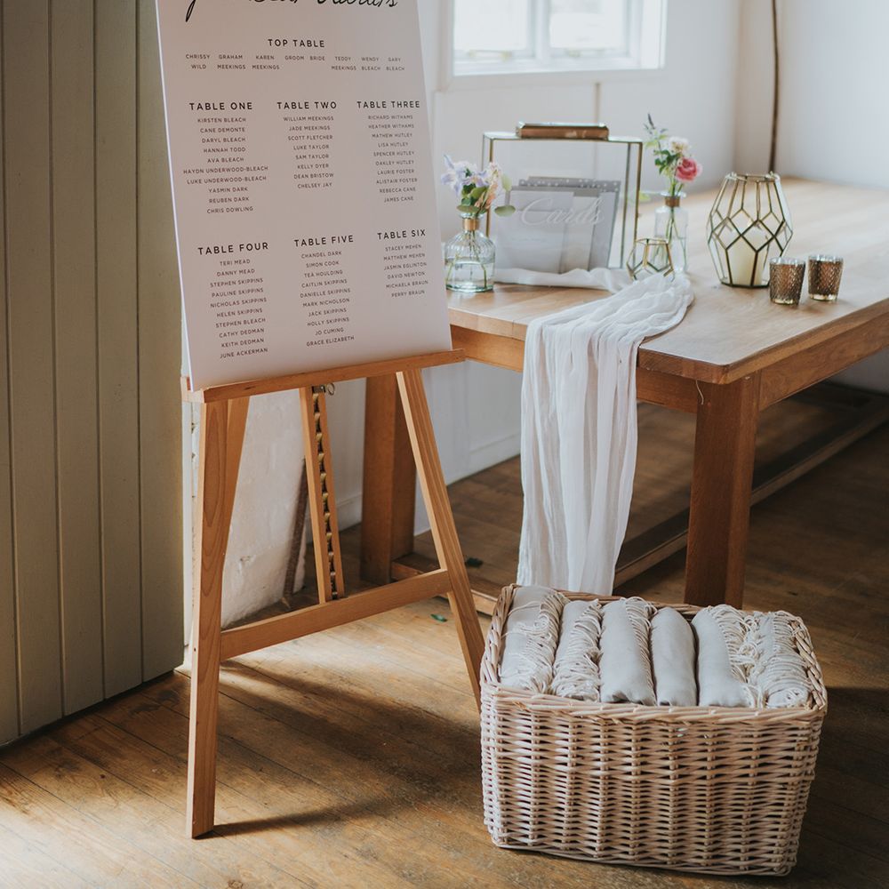 Black and white wedding seating chart with yellow and pink wedding flower decor with basket of blankets and clear acrylic box for the cards 