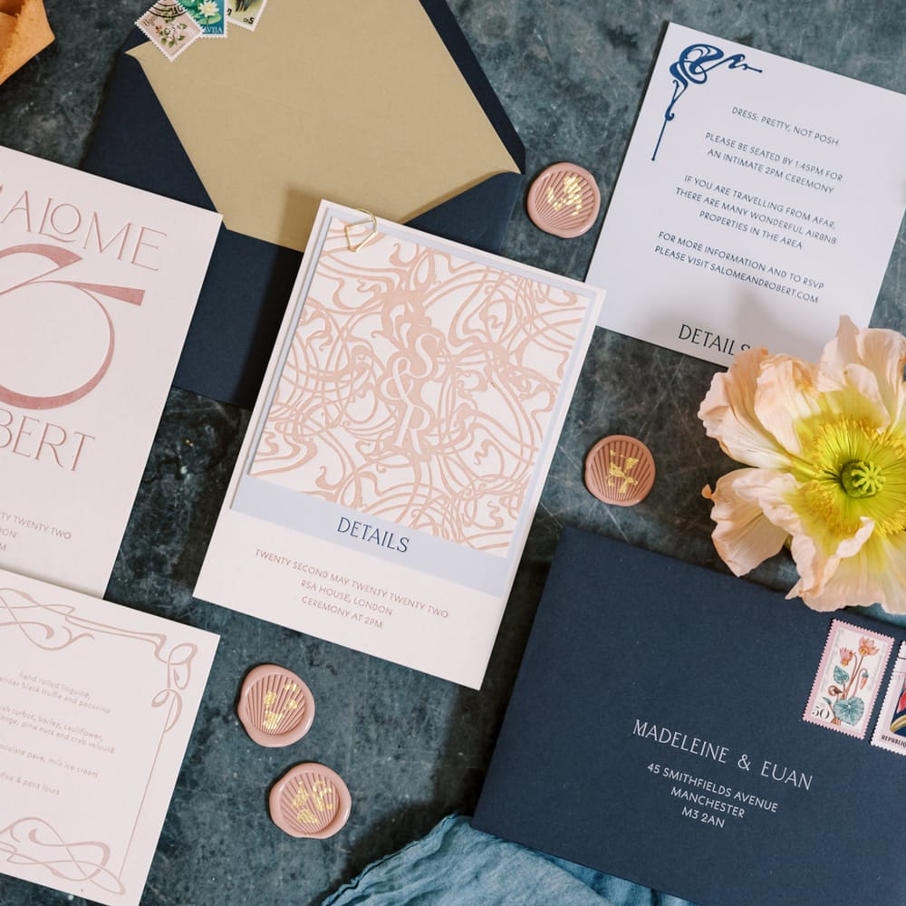 Art Nouveau stationery complete with pastel colours and set on marble background