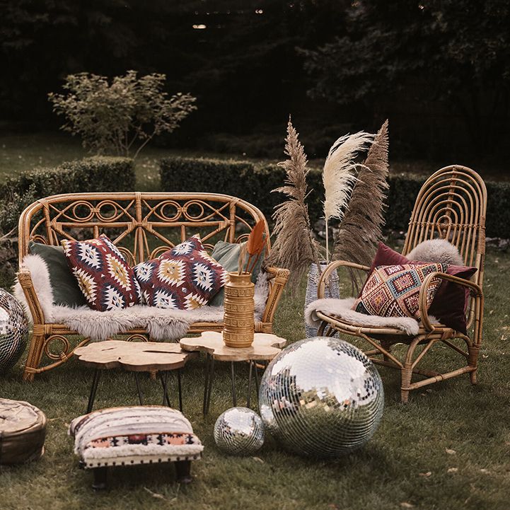 Outdoor seating area complete with disco balls on wedding day