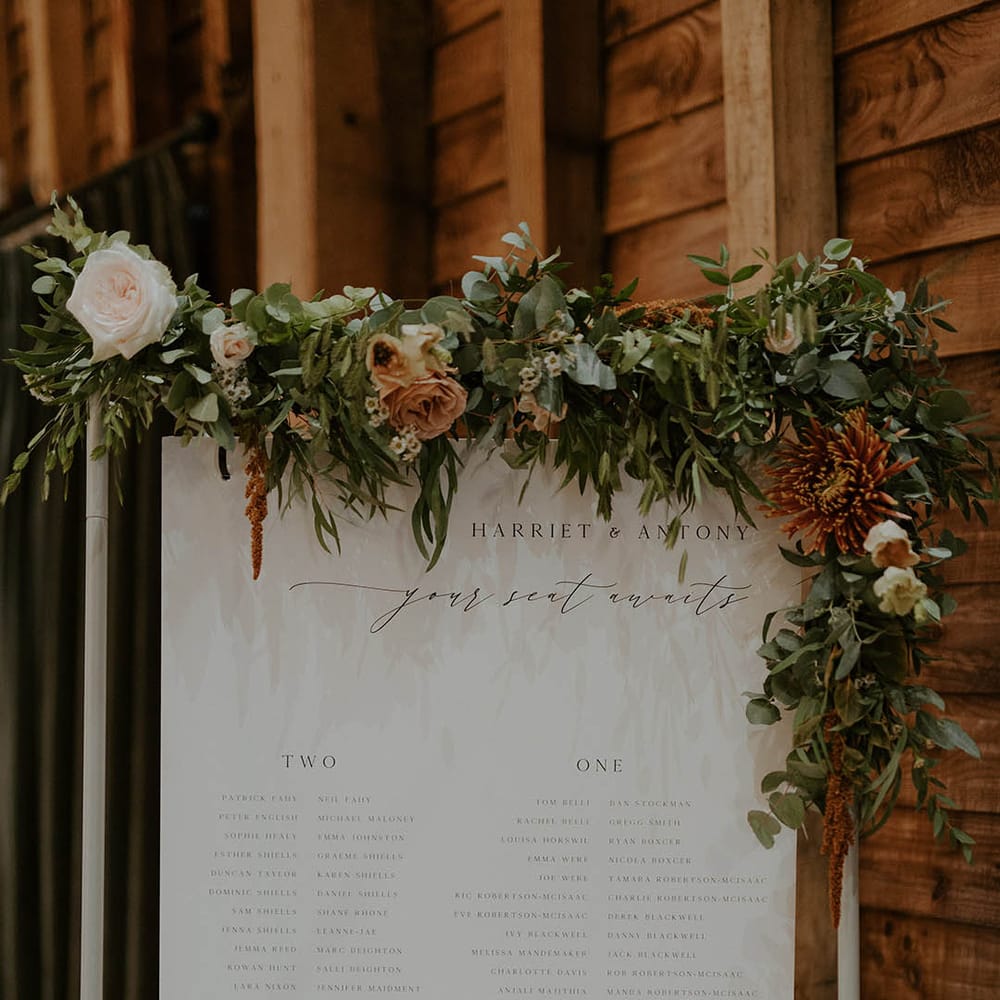 Monochrome table plan at wedding with flower and foliage decor