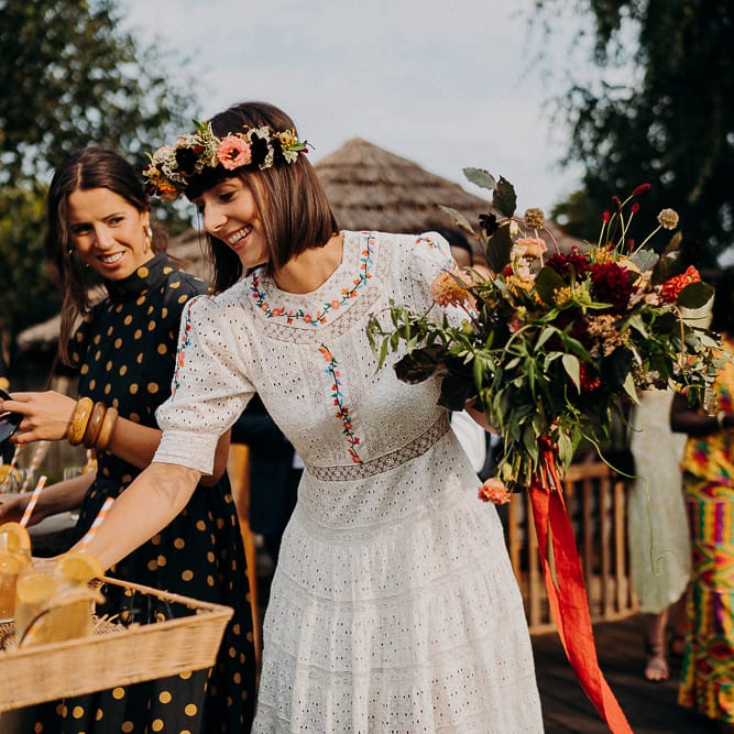 Wedding day cocktails served on wooden trays 