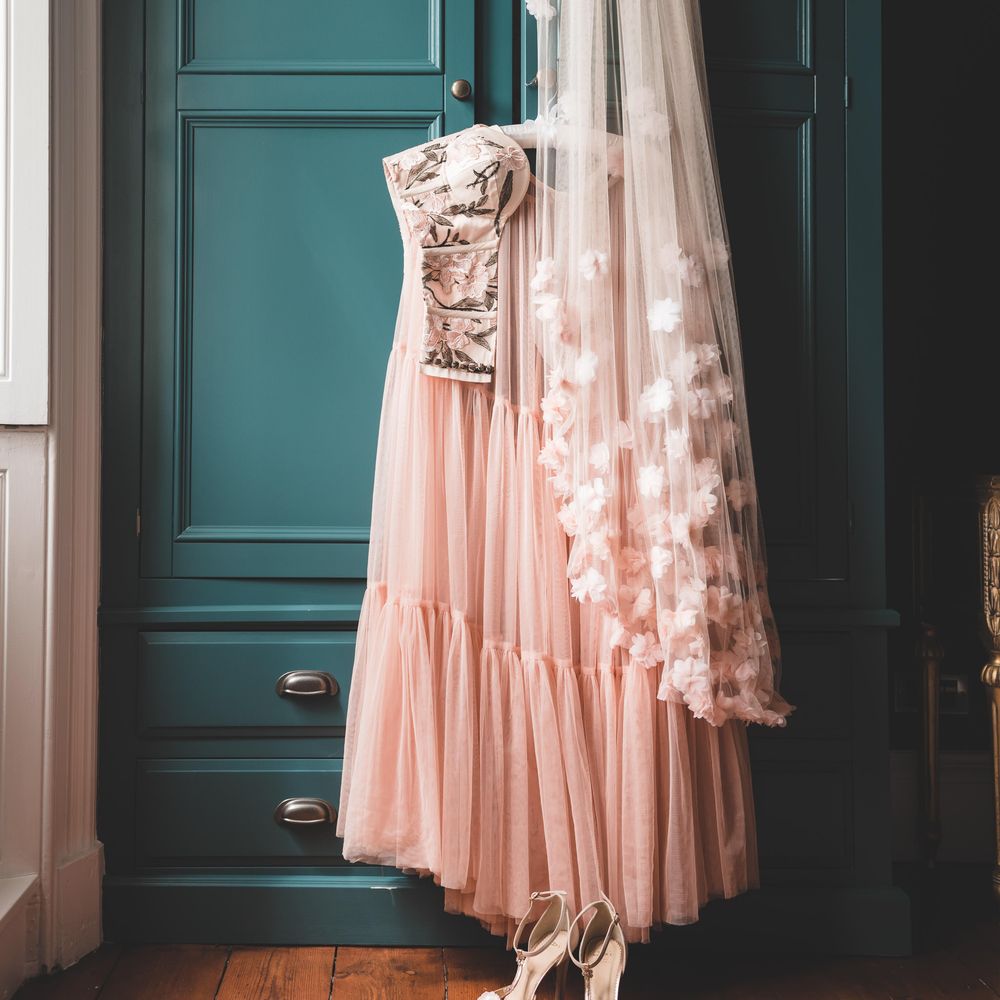 Blush pink appliqué veil hanging up with an embroidered bodice, tulle skirt and T bar wedding shoes 