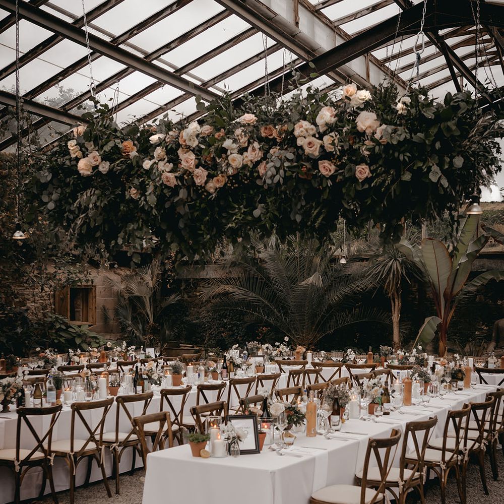 Large blush pink and white wedding flower cloud for decorating the glasshouse wedding venue 