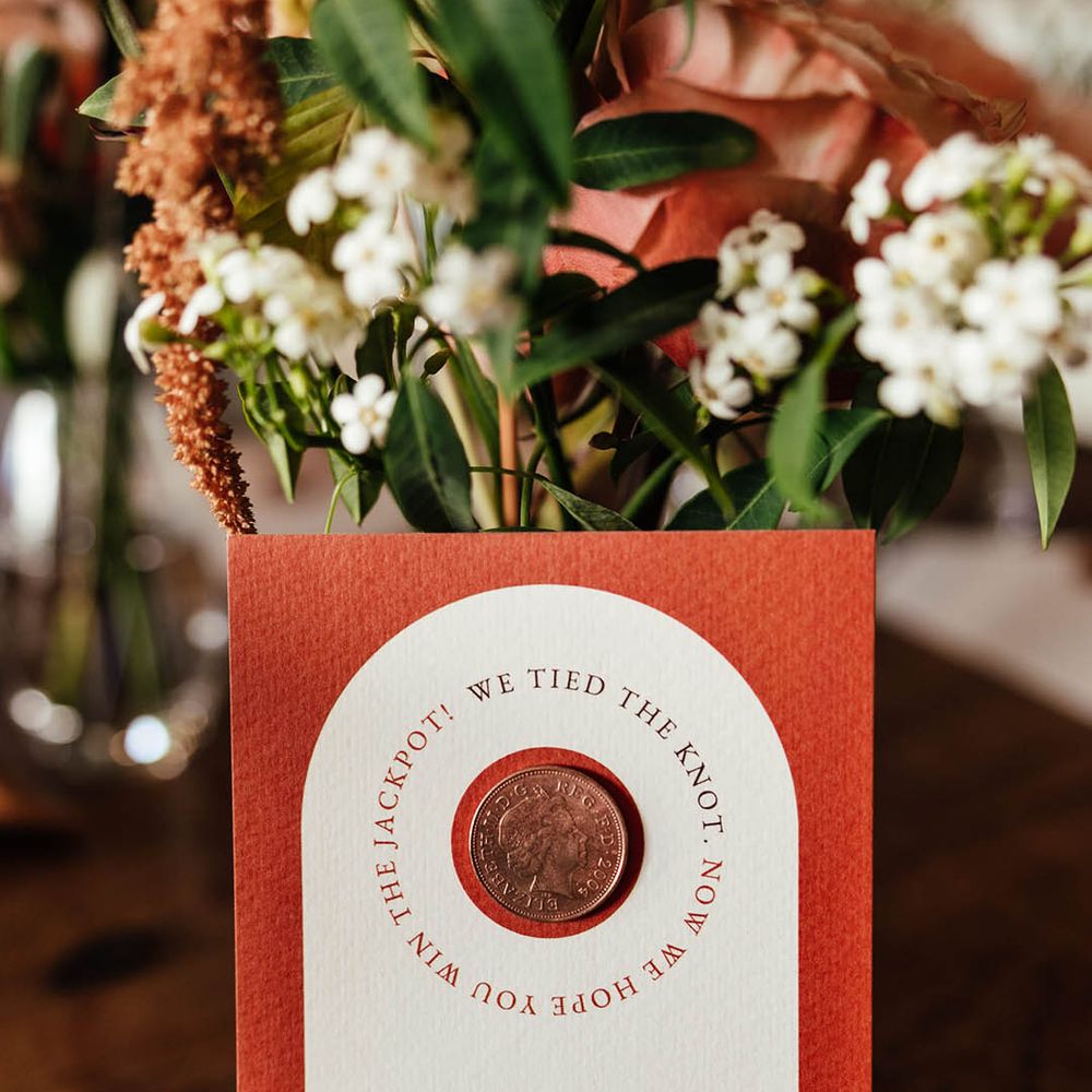 Copper and white wedding thank you cards with a lottery scratch card wedding favour 