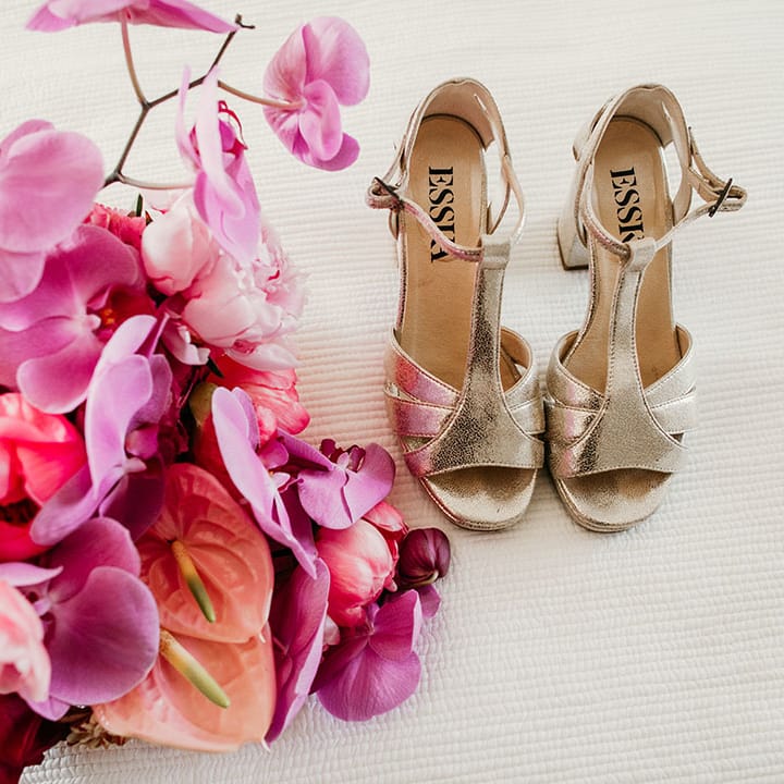 Esska Shoes in metallic gold shade with pink wedding bouquet orchids and roses 