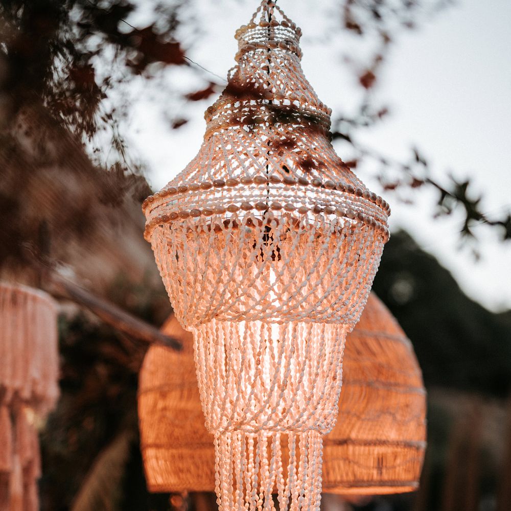 Shell and macrame chandelier wedding decor 