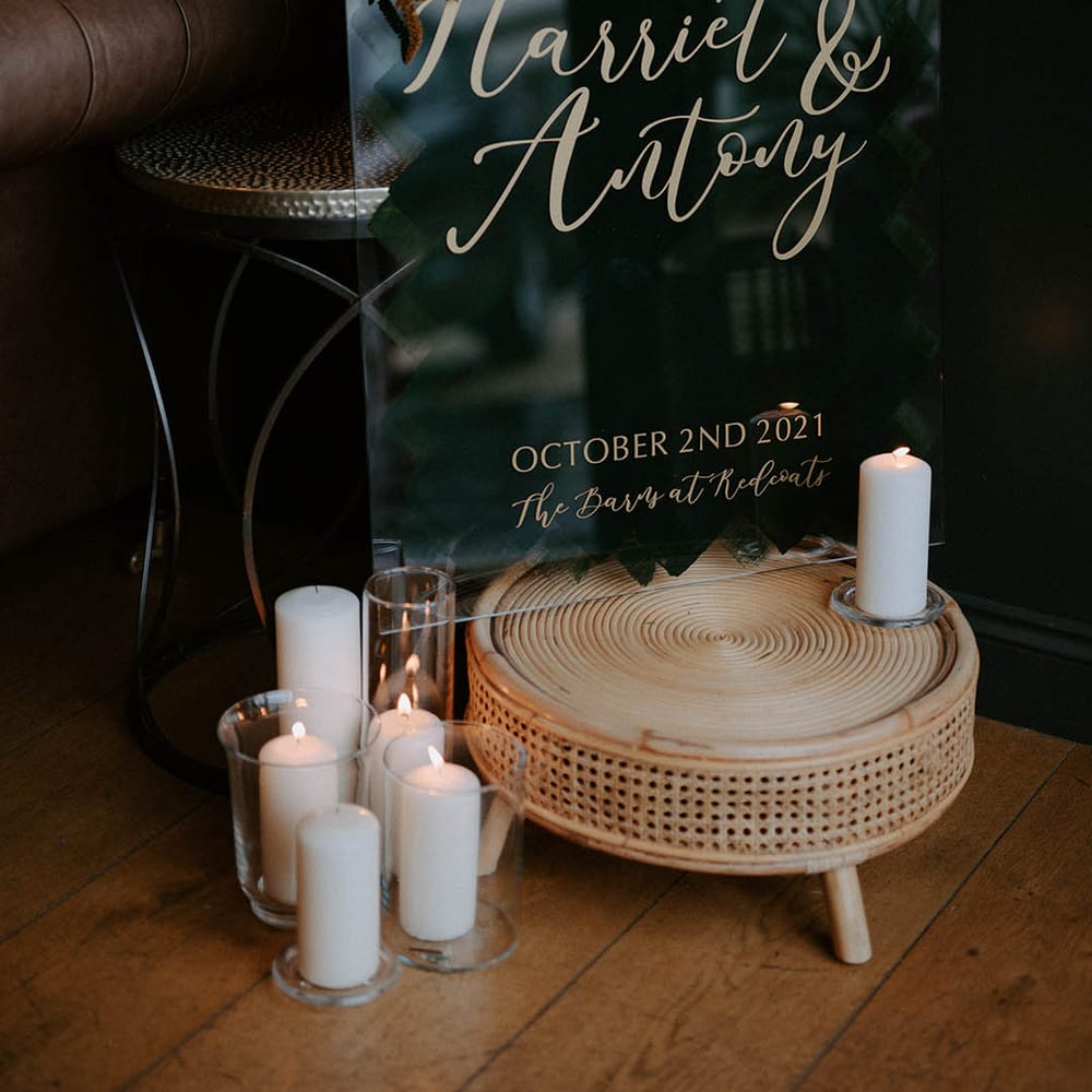 Perspex wedding sign with gold detail