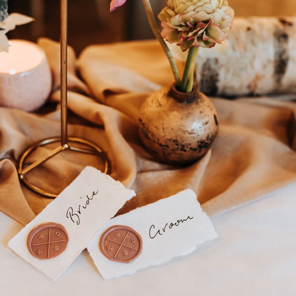 Wedding table place names with calligraphy and rose gold wax stamp 