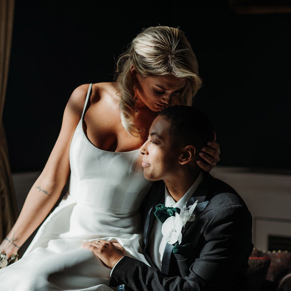 Intimate LGBTQI+ couples portrait at Luxe Hodsock Priory wedding 