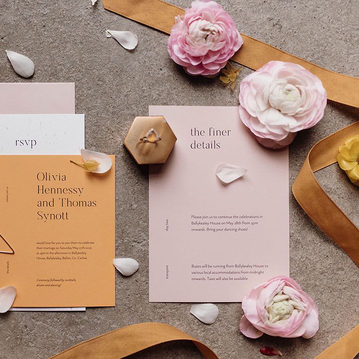 Contemporary pastel pink, white and yellow wedding stationery suite with Invitation, RSVP and Finer Details inserts 