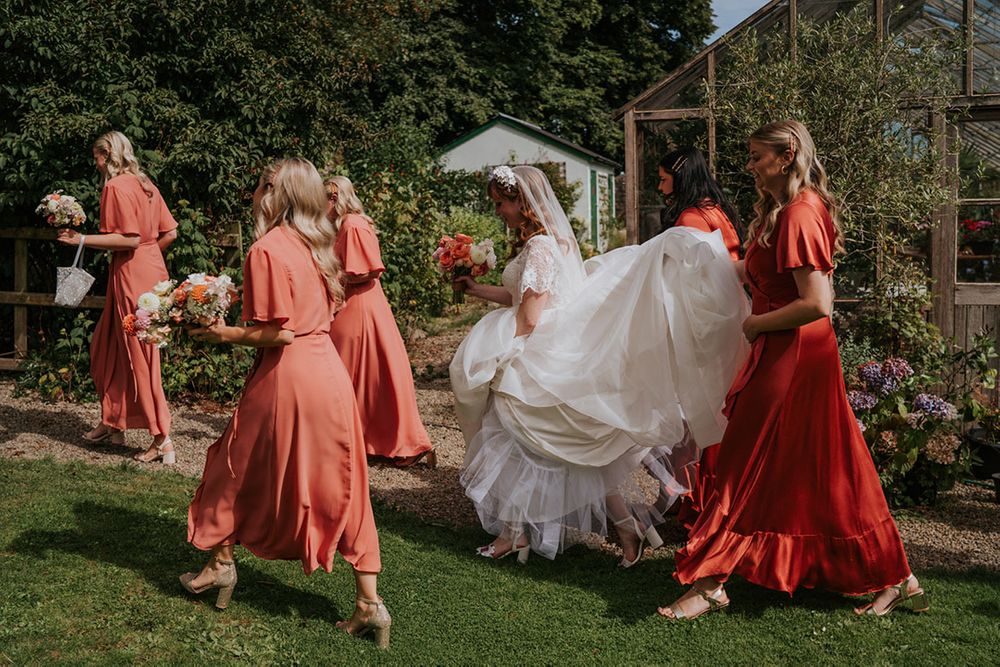 Coral Peach Bridesmaid Dresses & Flowers At The Wool Tower, Ballymena Coral Peach Bridesmaid Dresses & Flowers At The Wool Tower, Ballymena