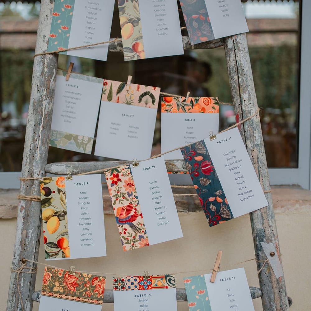 rustic step ladder wedding table plan decoration 