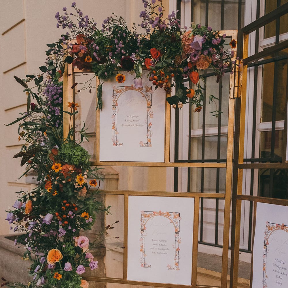 gold frame table plan with colourful flower decoration