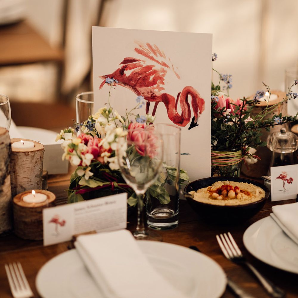 Flamingo wedding table sign with matching table place name signs 