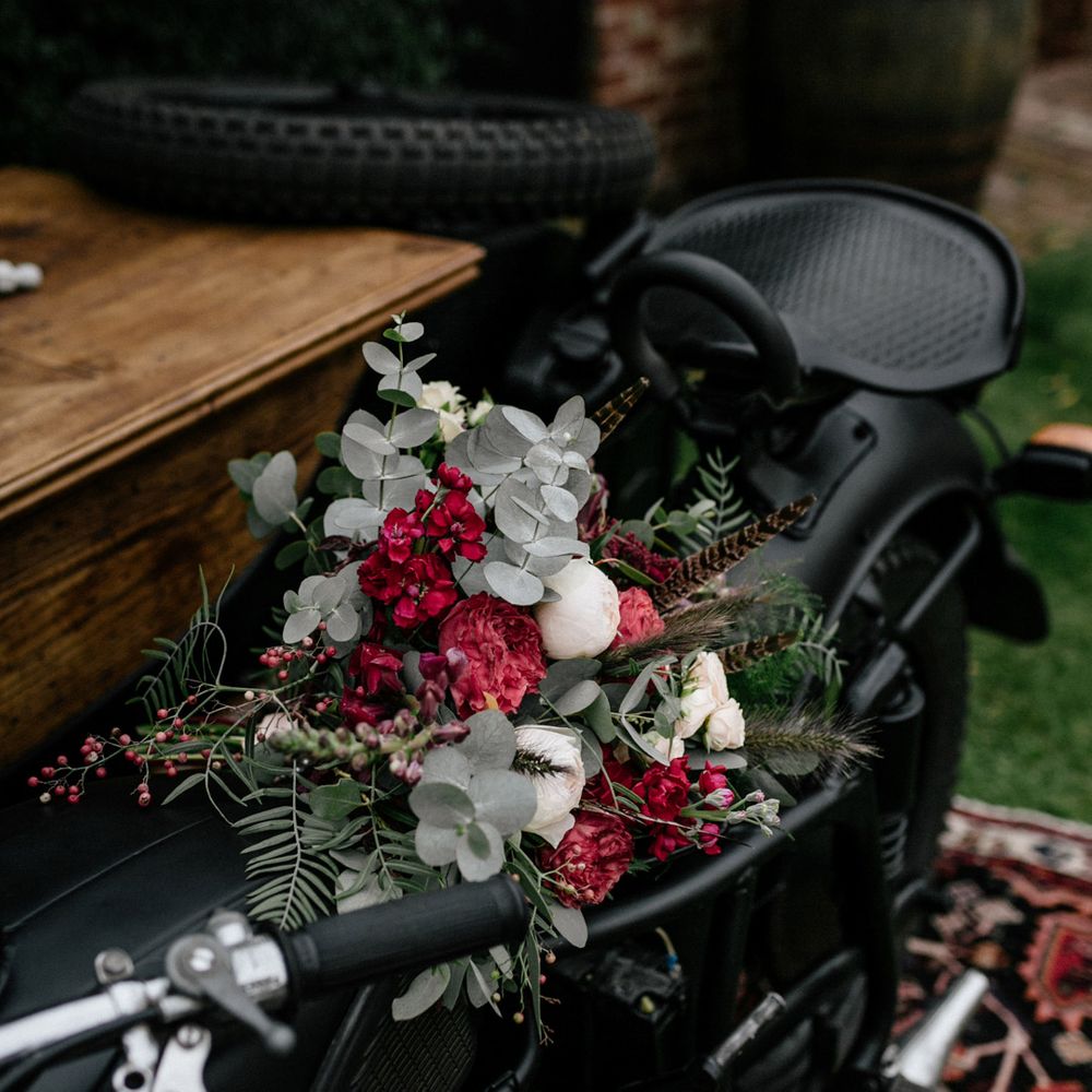 Red, white and green wedding bouquet
