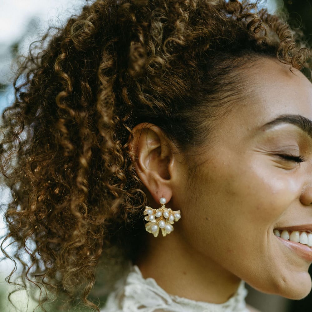 Gold and pearl bridal earrings for botanical boho inspired wedding shoot at Berwick Lodge