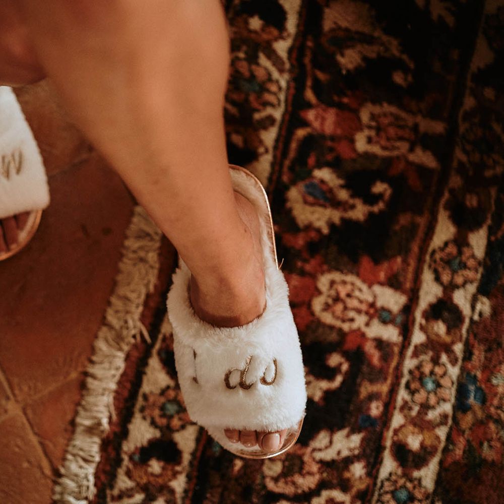Slip on bridesmaid slippers that say 'I Do Crew'