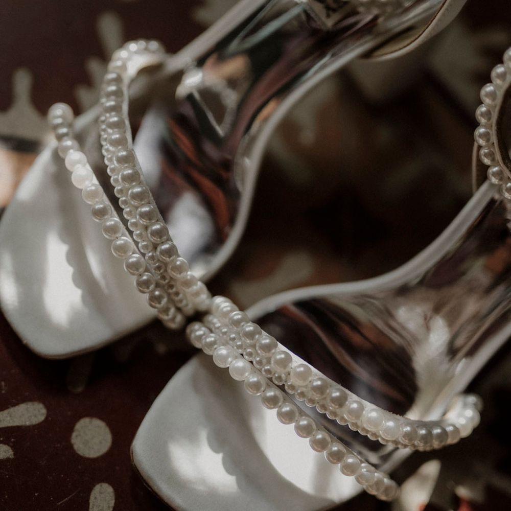 Square toe white pearl bridal shoes from Badgley Mischka 