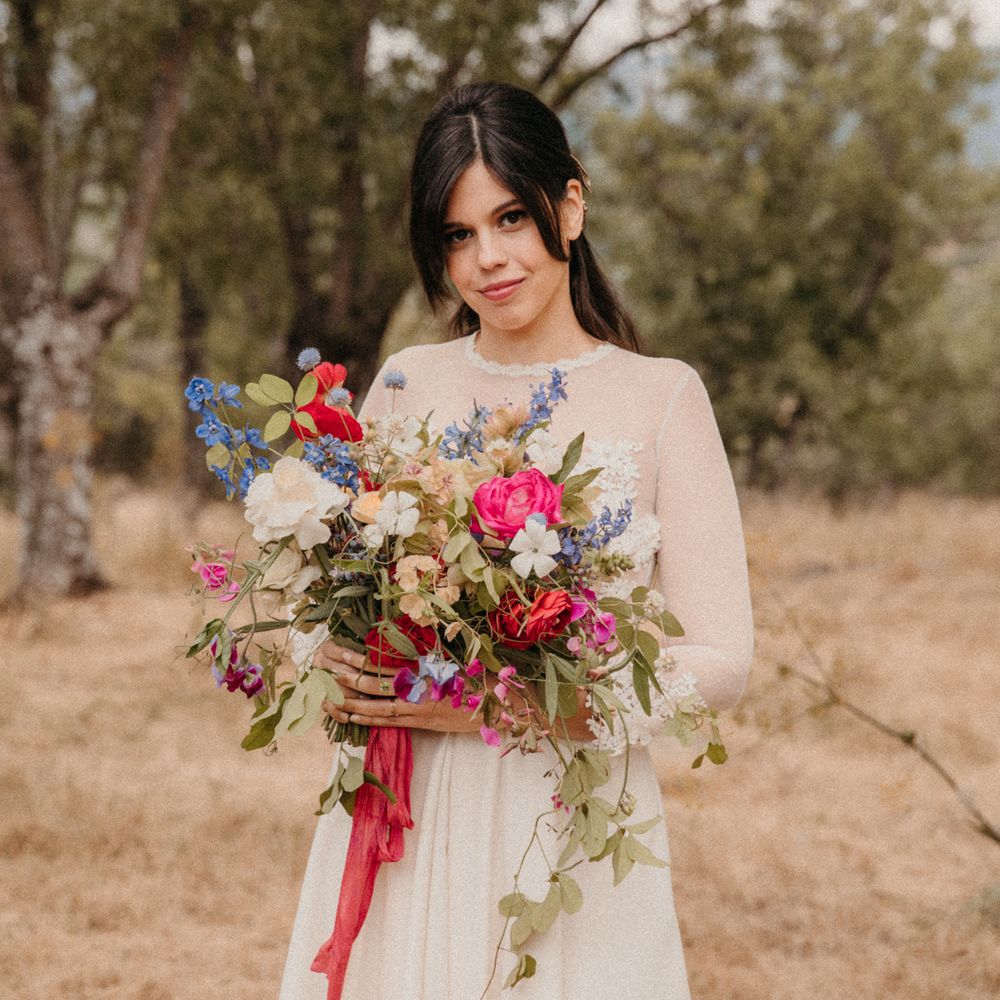 Bride holds colourful floral bouquet whilst wearing a lace gown