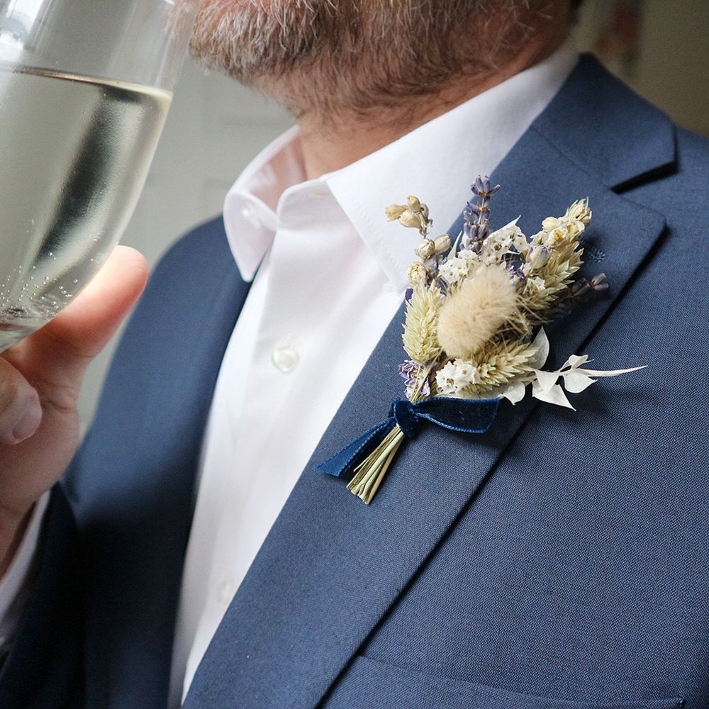 Oxford blue dried flower buttonhole