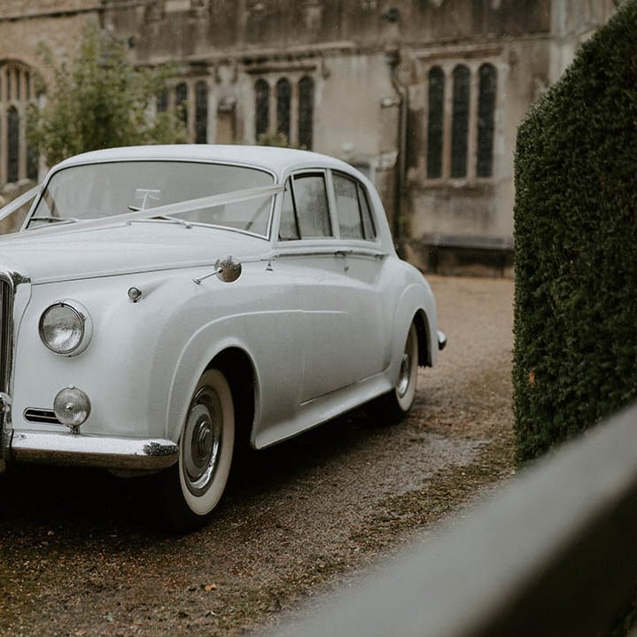 Classic white vintage wedding car