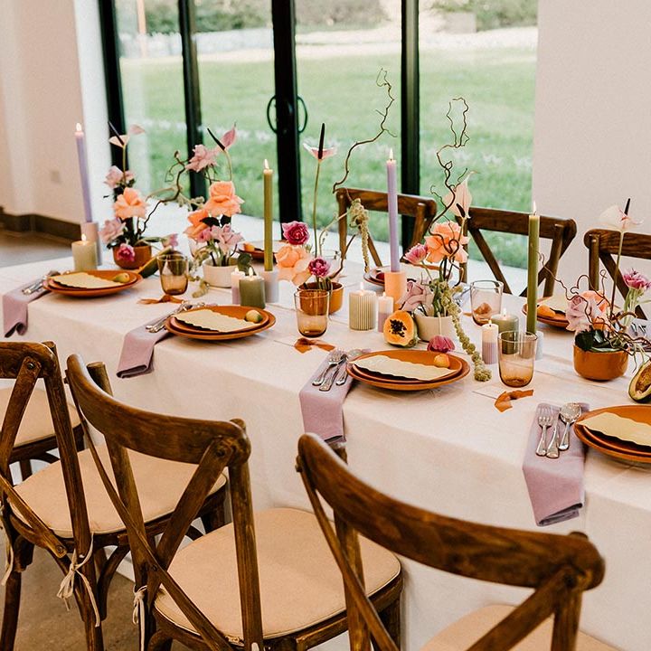 Lavender, green and rust wedding tablescape for an autumnal wedding at Chapel House Estate