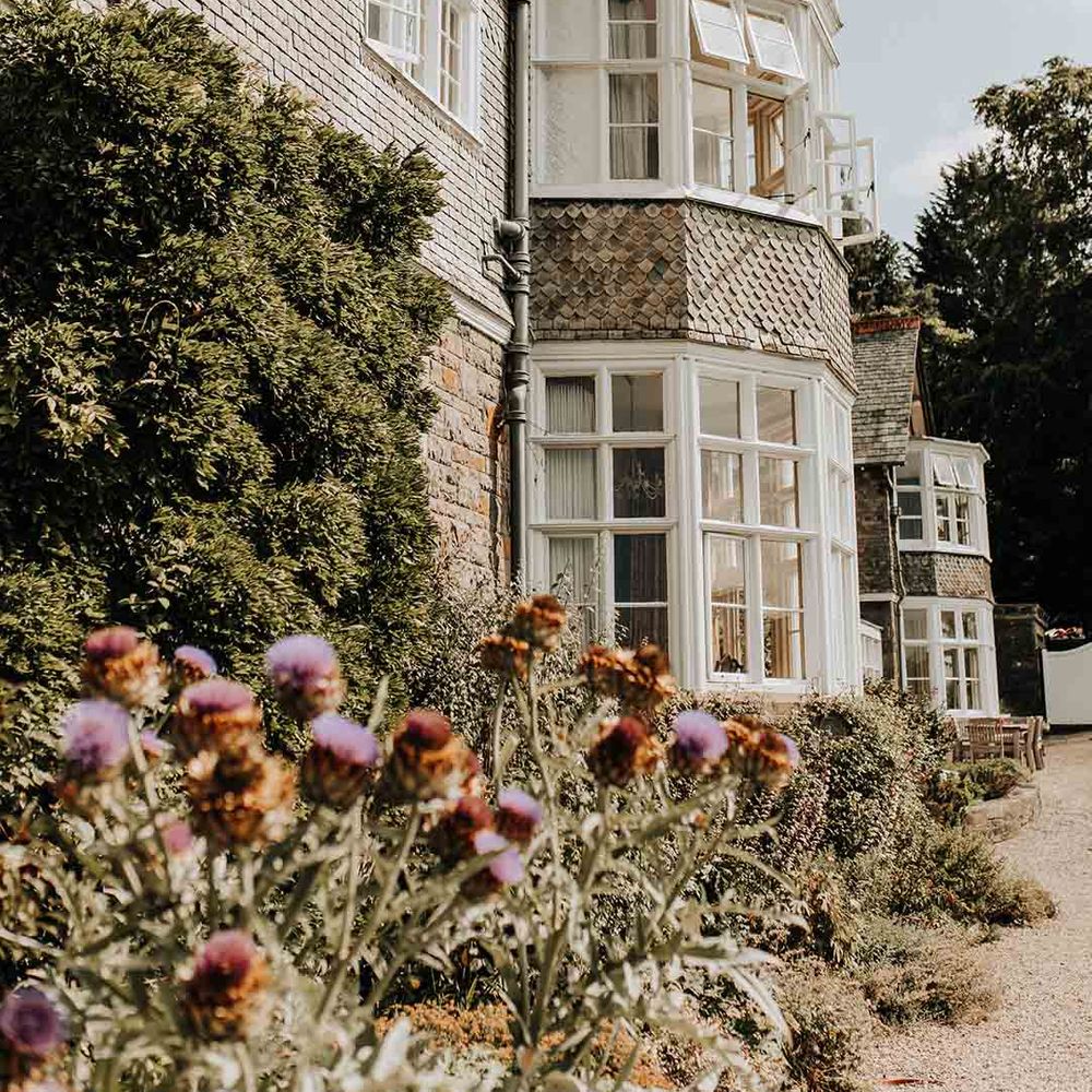 Purple and yellow accented flowers on the grounds of Plas Dinam, one of the best UK country house wedding venues