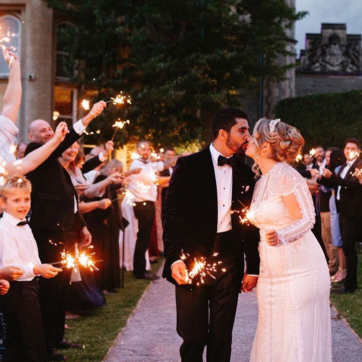 Sparkler send off for the bride and groom at their luxe black tie wedding 