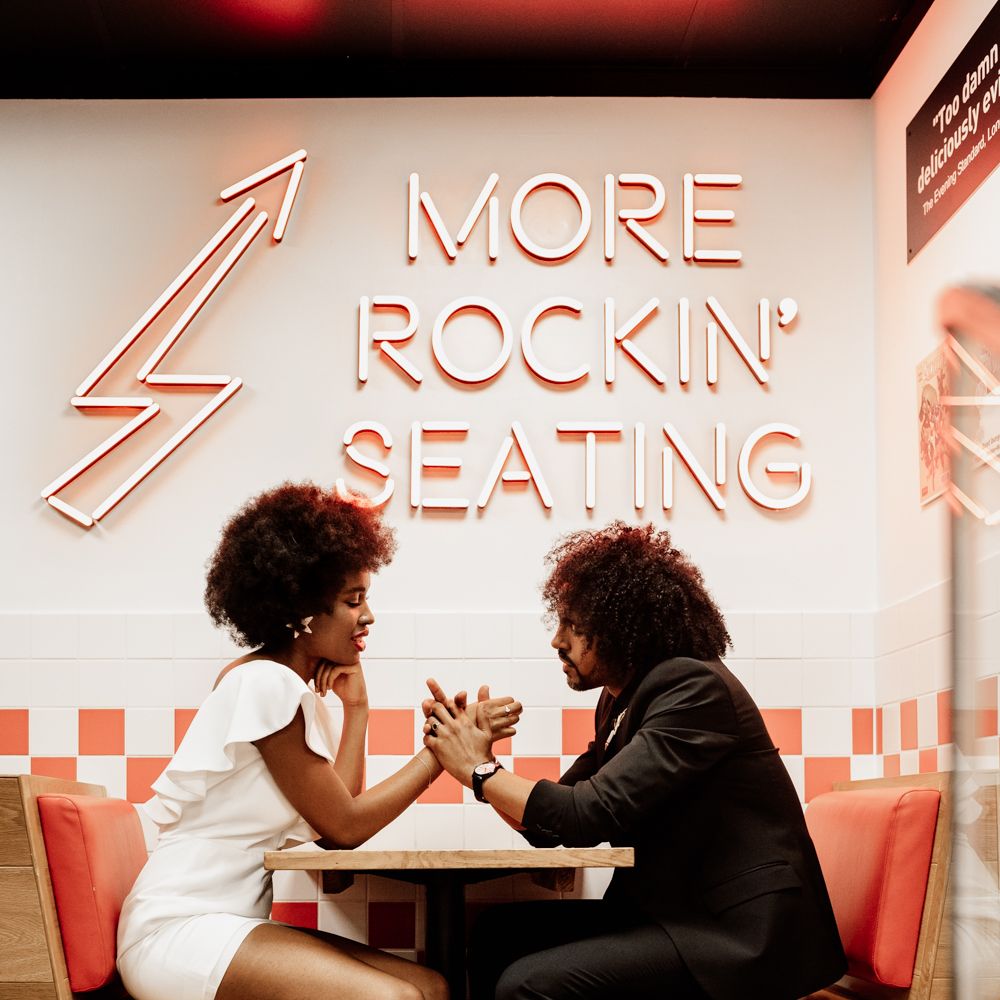 Bride & groom in Five Guys 