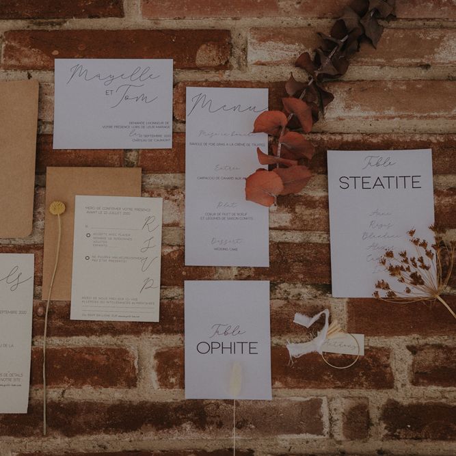 Wedding stationery suit with script font and contemporary design.