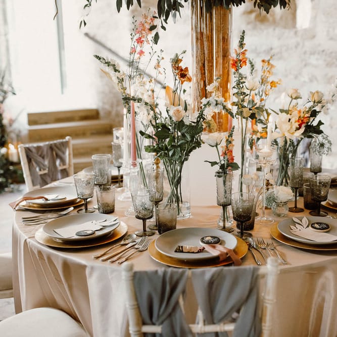 Wedding place settings and table decoration at Spring Hooton Pagnell wedding venue 