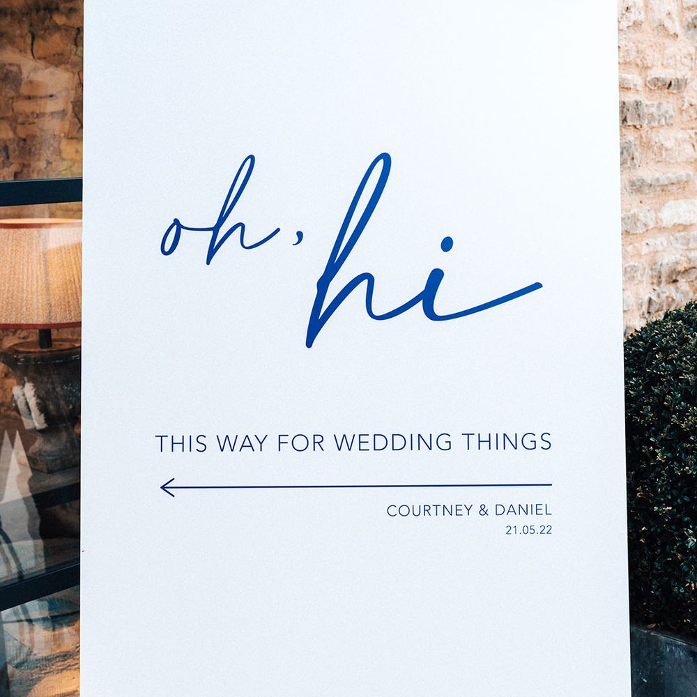 Simple and minimal blue and white welcome wedding sign 