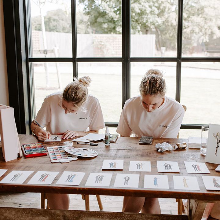 Artists create watercolour paintings of wedding guests for personalised favours