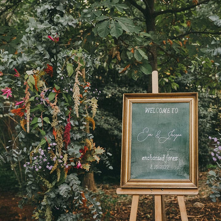 green wedding welcome sign in gold frame 