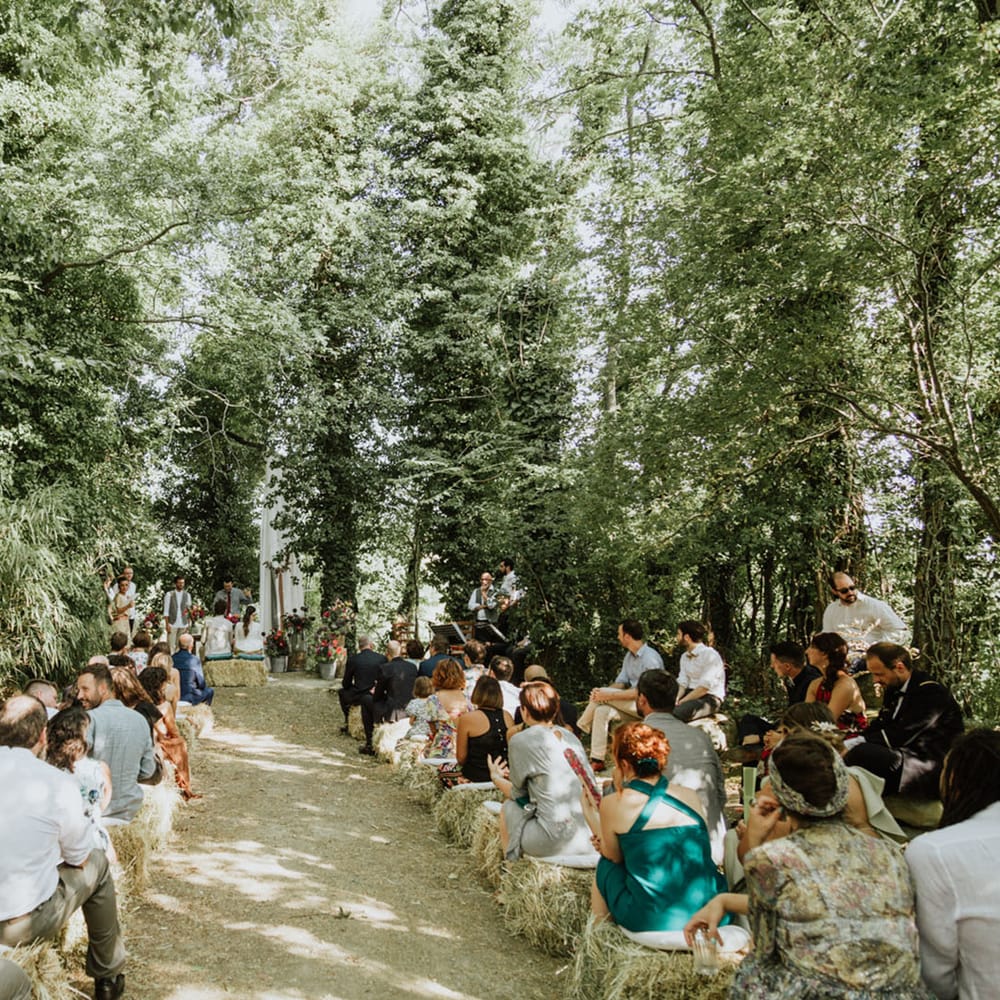 woodland wedding ceremony at destination wedding in Italy
