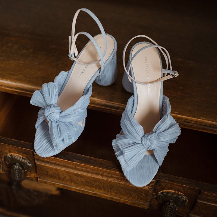 Blue bow Loeffler Randall wedding shoes for the bride as something blue wedding idea