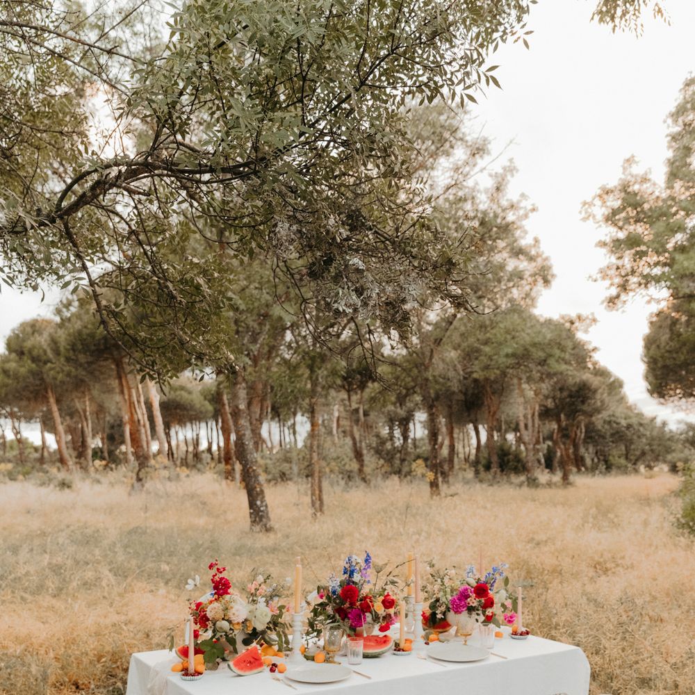 White linen tablecloth with bright tablescape in the mountains of Madrid